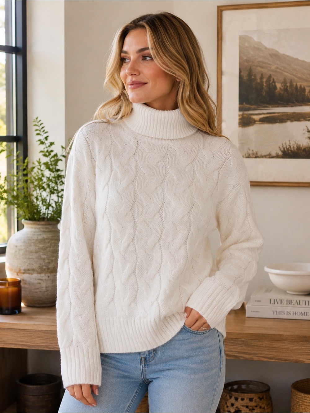 a.n.a. White Cable Knit Turtleneck Sweater | Medium | Cozy Oversized Fit